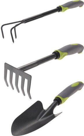 handgereedschapsset met groene handvaten van moestuinland
