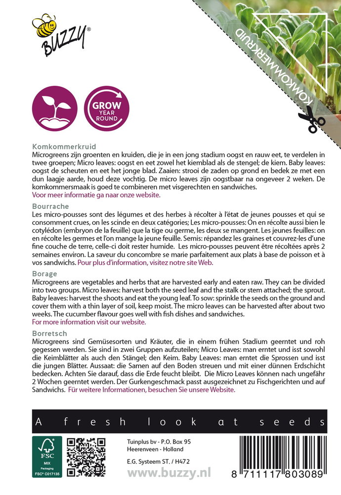 Komkommerkruid Zaden, Micro Greens 