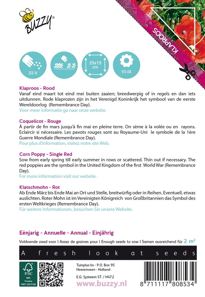 Klaproos Zaden, Papaver rhoeas (Single Red)