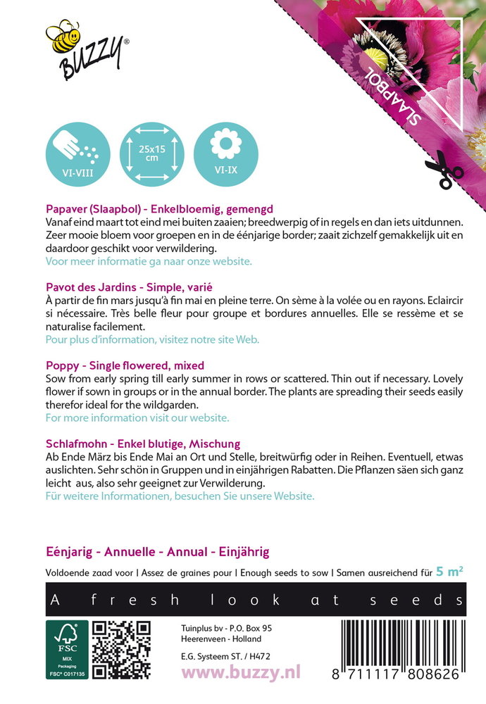 Slaapbol Zaden, Papaver somniferum (Single Flowered)