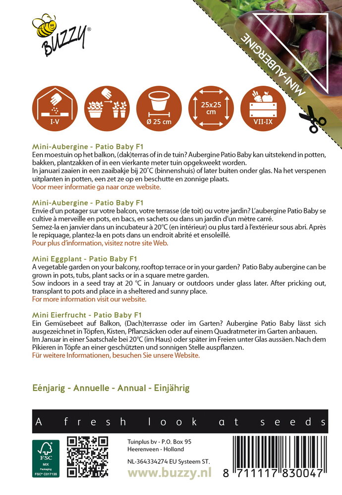 Aubergine zaden, Patio Baby F1 (Mini-aubergine)
